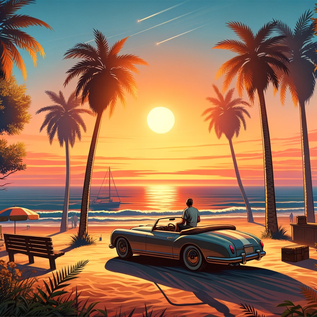 A serene beach scene during sunset in the style of GTA artwork